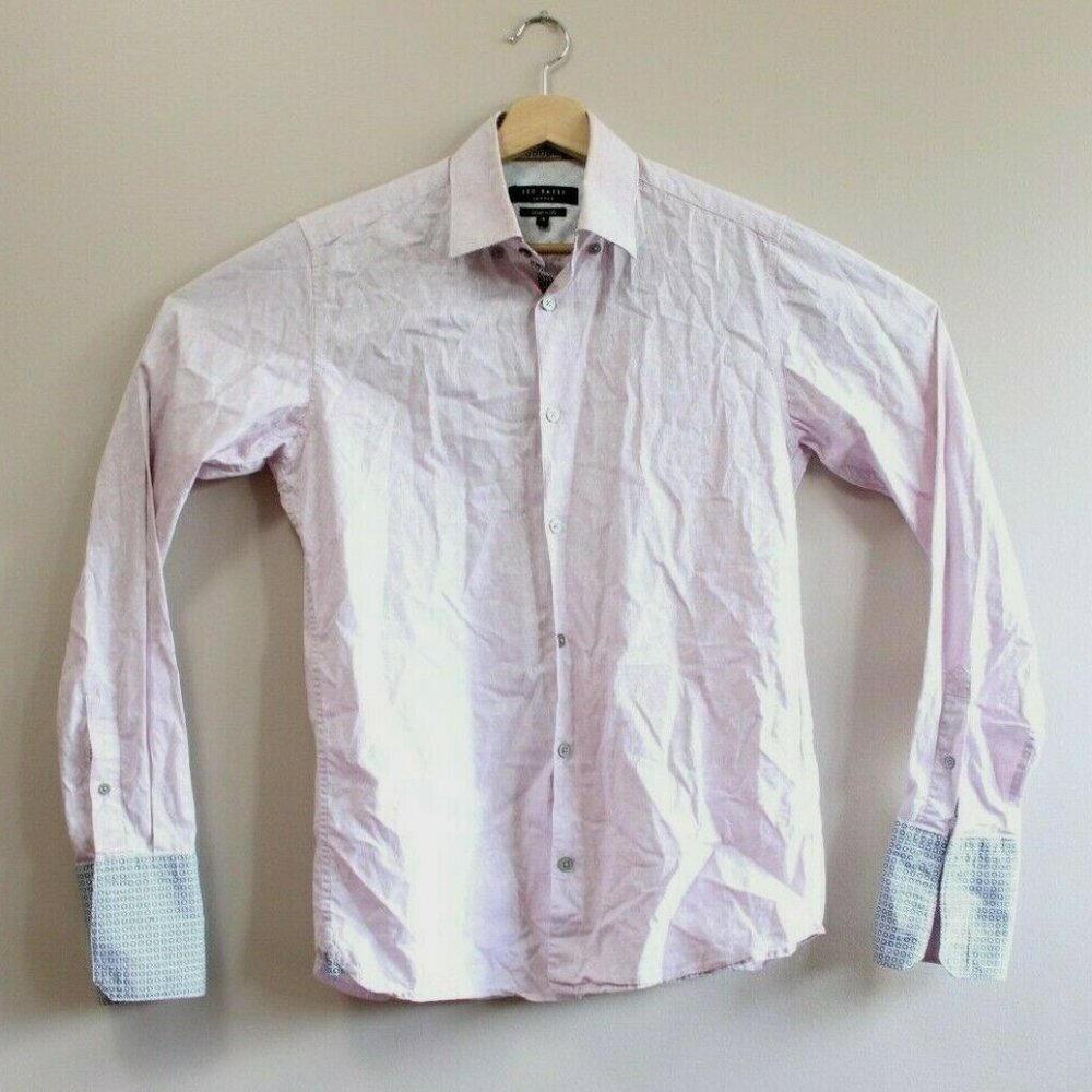 Ted Baker London Mens Size 15 Blue Paisley Pink Flip Cuff Pearl Button Down